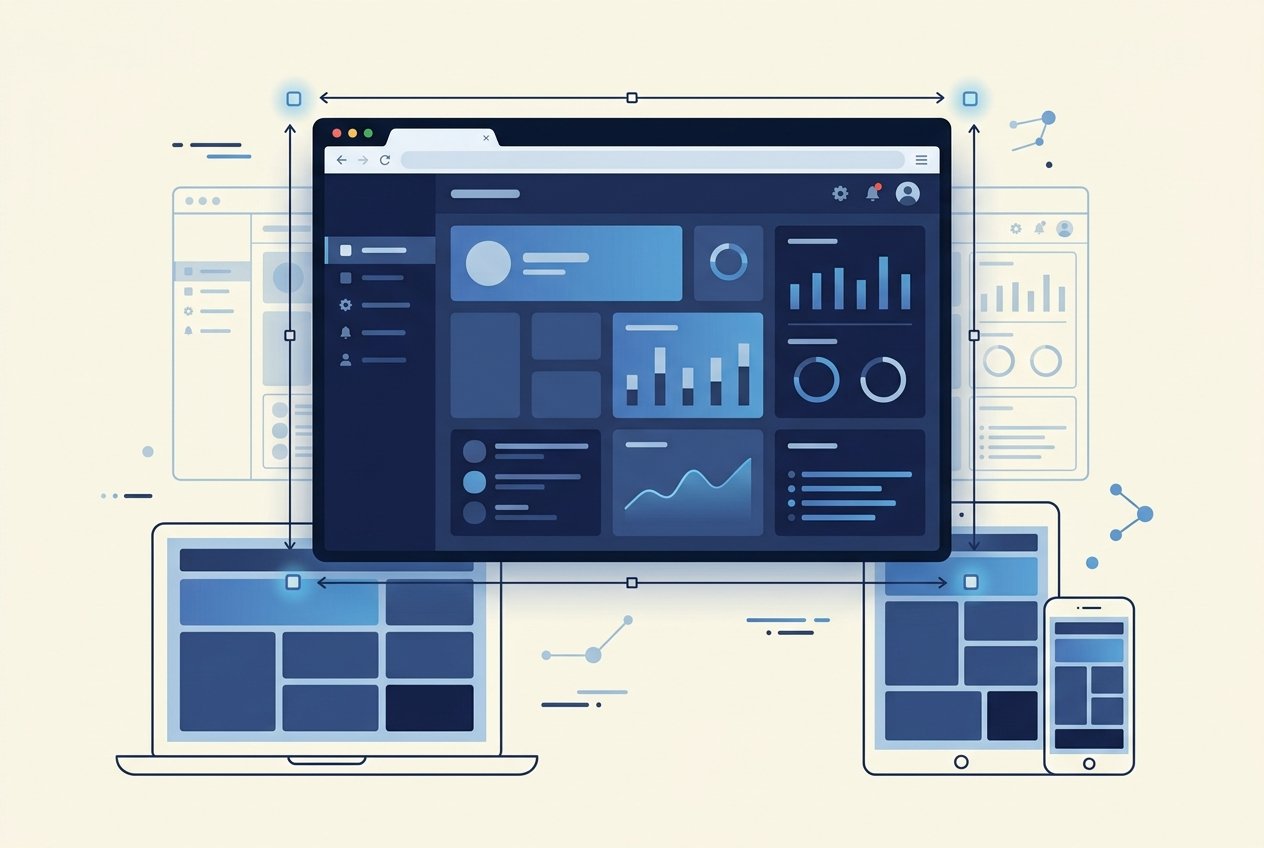 Ilustração de desenvolvimento web em monitores e dispositivos